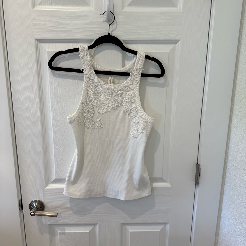 Anthropologie White Lace-Embellished Tank Top